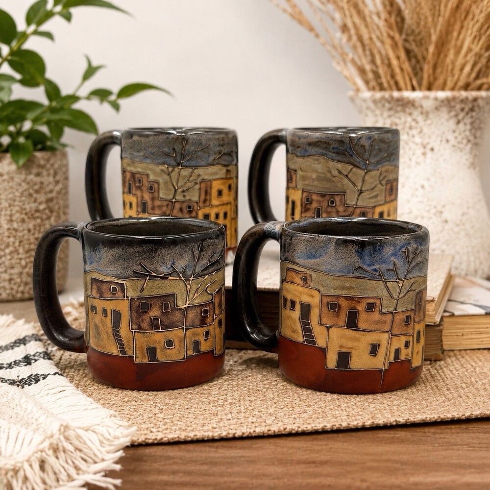Mara Mexico Pueblo Stoneware Coffee Mug Hand Carved Signed Village Pottery 16oz